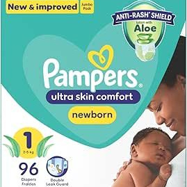 Pampers New Baby - Size 1 (2-5 kg), Jumbo Pack-96 Nappies, Lotion with Aloe
